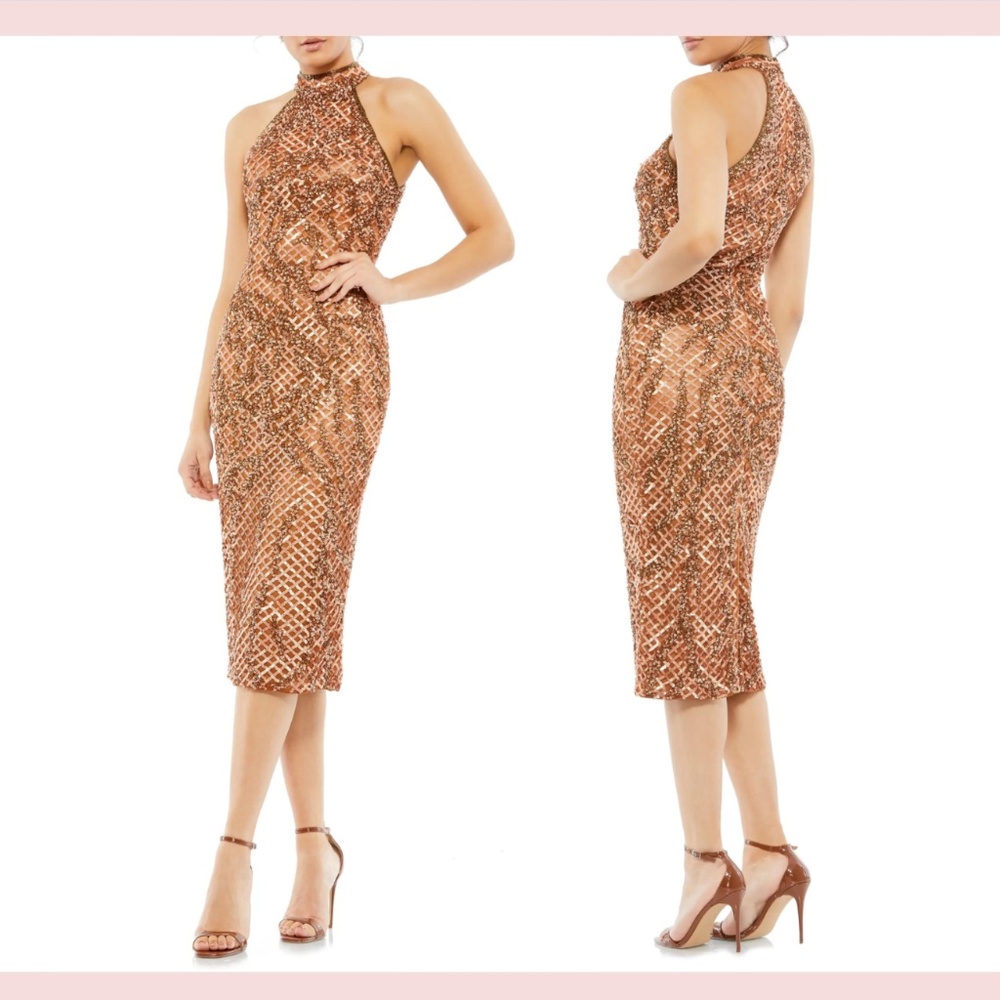 NEW $398‎ Mac Duggal [ 10 ] Sequin Plaid Halter Neck Cocktail Dress Copper